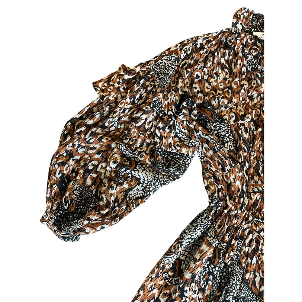 Topshop Sheer Leopard Print Maxi Dress UK 12 US 8 Tie Neck Balloon Sleeve Boho - Picture 4 of 7